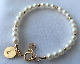 Gold Personalized Real Freshwater Pearl Bracelet,Gold Initial Pearl Bracelet,Baby Flower Little Girl Bracelet,Junior Bridesmaid Pearl Bracel