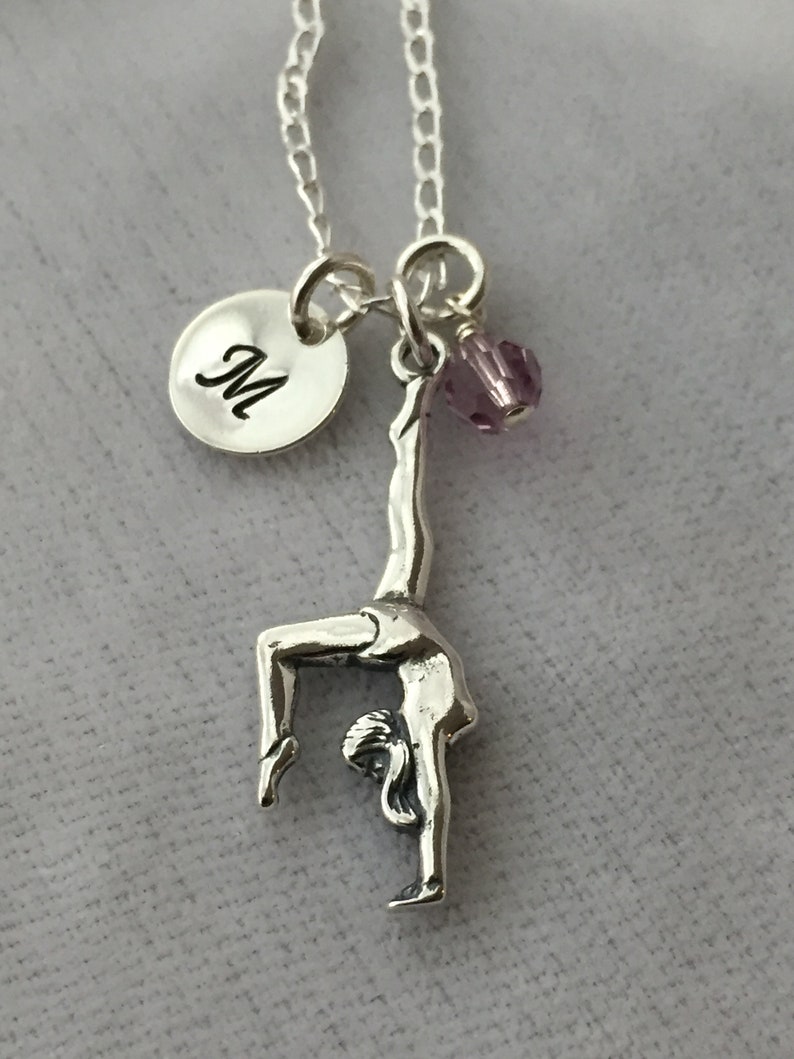 Sterling Silver Personalized Gymnastic Necklace, Birthstone Necklace, Gymnast Necklace, Personalized Gymnast Charm Jewelry,Initial Necklace image 2