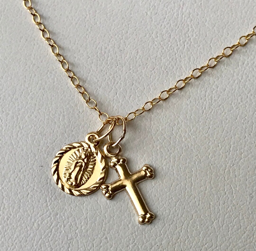Tiny Gold Cross and Virgin Mary Necklace,gold Virgin Guadalupe Medal