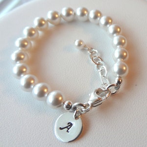 Baby Girl Toddler Pearl Bracelet,Initial Bracelet,Flower Girl Junior Bridesmaid Bracelet,Twins Girls ID Bracelet,Gift For Baby Girl and Mom