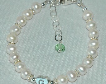 Sterling Silver Initial Heart  Freshwater Pearl Children Bracelet, Birthstone Bracelet, Baptism Bracelet, Baby Pearl Bracelet