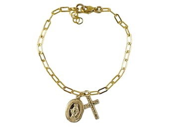 May include: A gold chain bracelet with a small oval charm featuring the Virgin Mary and a small cross charm.