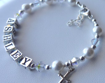 Personalized First Communion Name Bracelet,First Communion Gift Girl,Baptism Name Bracelet,Cross Pearl Children Bracelet,Birthstone Bracelet