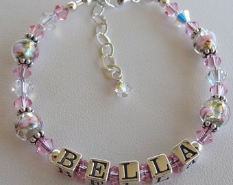 Baby Girls Personalized Pink Name Bracelet,Flower Girl Name Bracelet,Baby Pink Girl Bracelet,Beaded Name Bracelet for kids,Name ID bracelets