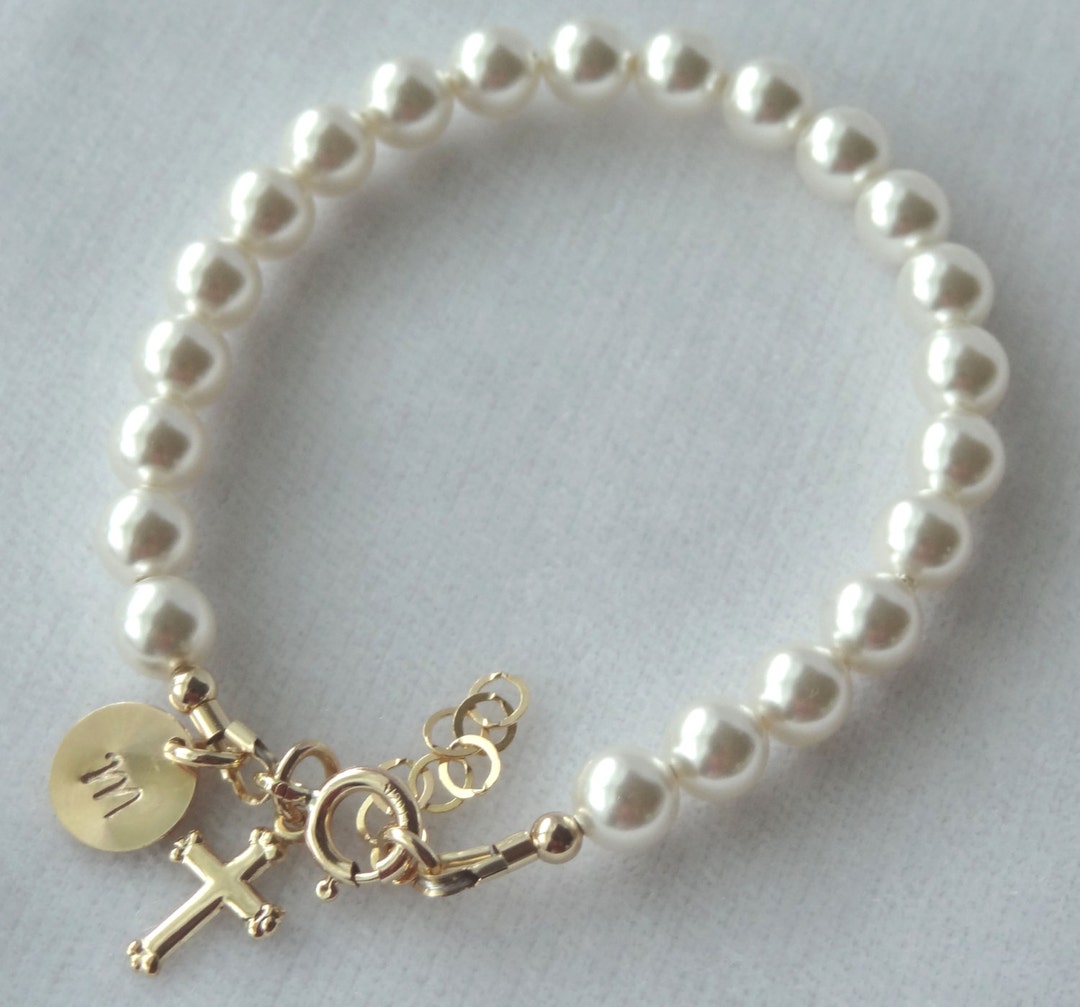 Baby Girl Pearl Bracelet,baby Pearl Bracelet,gold Initial Cross Pearl