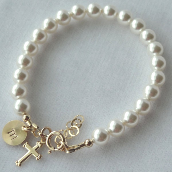 Baby Girl Pearl Bracelet,Baby Pearl Bracelet,Gold Initial Cross Pearl Baptism Bracelet Baby Baptism Bracelet,First Communion Cross Bracelet