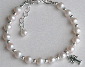 Real Pearl Bracelet,Pearl Cross Bracelet,Freshwater Pearls Cross Children Bracelet,First Communion Pearl Bracelet,Confirmation CrossBracelet