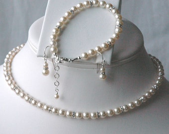 Elegant PRESTIGE Crystal Pearl and Rondelle Necklace/Bracelet/Earrings SET, Bride Necklace, Bride Bracelet, Bride Earrings, Wedding Jewelry