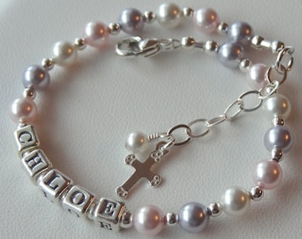 Baptism Pearl Cross Name Bracelet,Personalized Baby Name Bracelet,First Communion Bracelet,Flower Girl Bracelet,Pastel Pearl Cross Bracelet