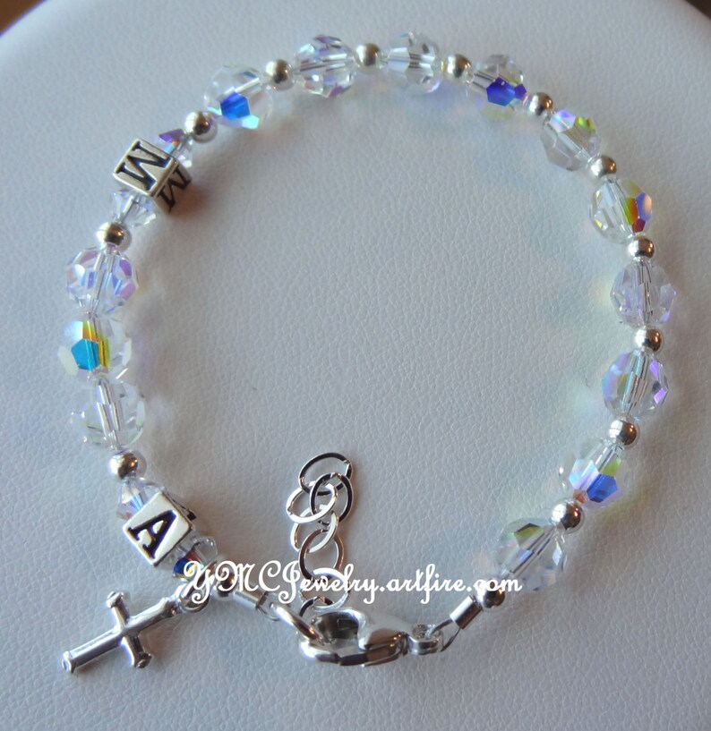 Personalized Silver Initial Rosary Bracelet,Initial Baby Bracelet,Confirmation Bracelet,First Communion Rosary Bracelet,Communion Girls Gift image 2