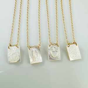 Gold Mother of Pearl Scapular Necklace,Sacred Heart Miraculous Virgin Mary Guadalupe Benedict Necklace,Catholic Necklace,Escapulario Jewelry
