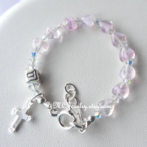 Baby Girl Personalized Pink Baptism Rosary Bracelet,Baptism Bracelet,Initial Bracelet,Granddaughter Goddaughter Gift,Pink Rosary Bracelet