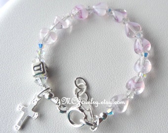 Baby Girl Personalized Pink Baptism Rosary Bracelet,Baptism Bracelet,Initial Bracelet,Granddaughter Goddaughter Gift,Pink Rosary Bracelet