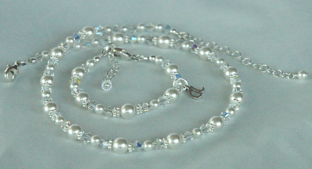Children Pearl Initial Bracelet Necklace,flower Girl Pearl Jewelry Set