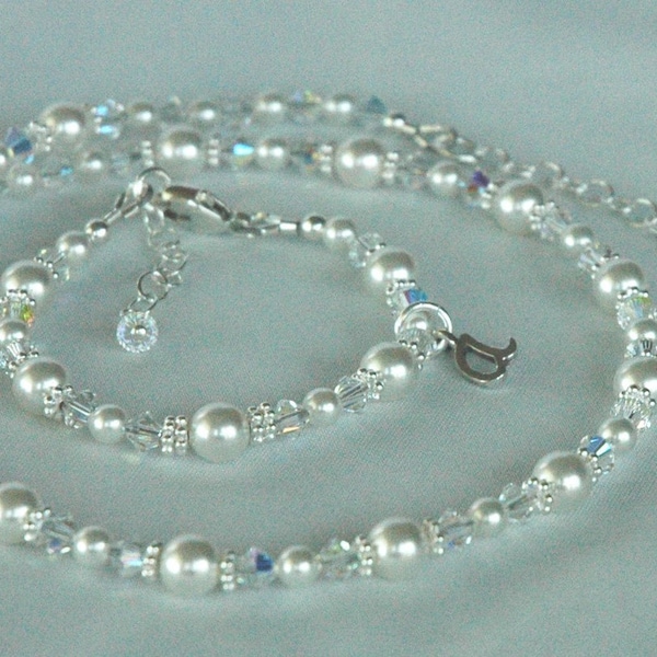 Children Pearl Initial Bracelet Necklace,Flower Girl Pearl Jewelry Set,Baptism Christening First Holy Communion Jewelry, Baby Pearl Jewelry