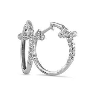 Sterling Silver Cubic Zirconia Cross Hoops Round,First Communion Cross Earrings,Confirmation Cross Earrings,Cross Hoop Earrings for Girls