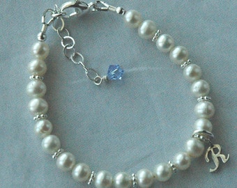 Initial Freshwater Pearl Children Bracelet,Real Pearl Bracelet,Baby Freshwater Pearl Bracelet,Flower Girl Junior Bridesmaid Pearl Bracelet