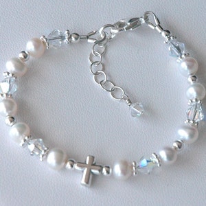 Real Pearl Christening Bracelet,Crystal and Pearls Cross Baptism Bracelet,First Communion Pearl Bracelet,Confirmation Cross Pearl Bracelet