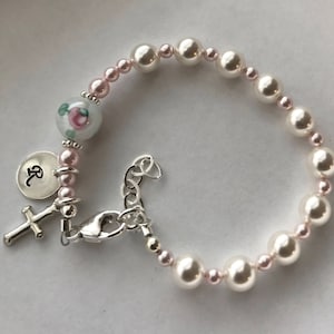 Pink Initial Baptism Pearl Rosary Bracelet,First Communion Bracelet,Confirmation Bracelet,Pink Pearl Initial Bracelet, Pearl Rosary Bracelet