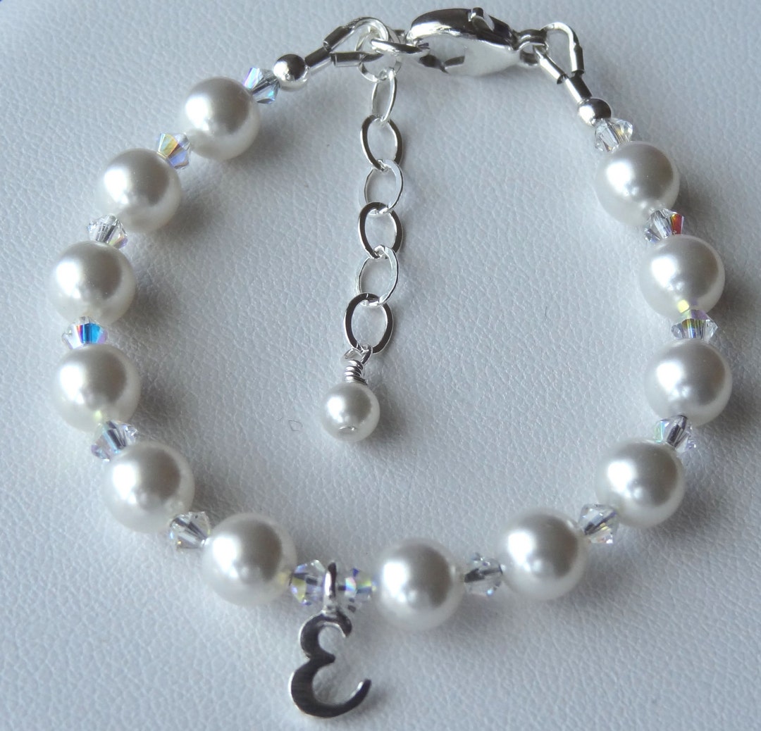 Simple Crystal Pearl Initial Children Bracelet,little Girl Pearl