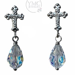 Sterling Silver Cross Freshwater Pearl Earrings,Cross Earrings,Cross Stud Earrings,First Communion Cross Earrings,Confirmation Post Earrings