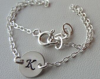 Personalized Sterling Silver Disc Initial Bracelet, Bridesmaid Bracelet, Junior Bridesmaid Gift, Mother's Gift Bracelet, Hand Stamp Bracele