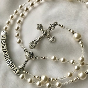 Personalized Pearl Rosary,First Communion Rosary,Christening Baptism Rosary,Religious Gift,Confirmation Sponser Gift Rosary,Godchild Rosary