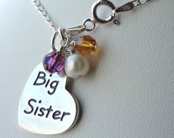 Sterling Silver Big Little Sister Birthstone Child Girl Necklace,Big Sister Necklace,Sister Necklace,Little Sister Necklace,Lil Sis Necklace