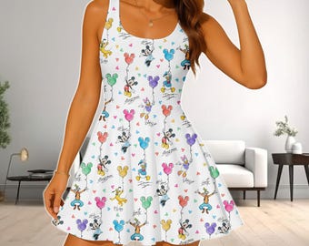 Mickey and Friends Signatures Skater Dress, Disney Balloon Dress, Disney Mouse Head Dress, Mickey & Co Dress Gift, Gift For Her