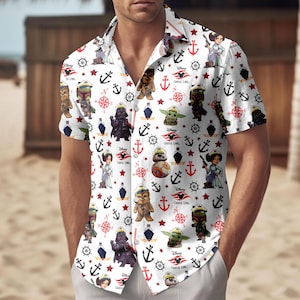 May include: White short-sleeve button-down shirt with a repeating pattern of Star Wars characters, anchors, compass roses, and stars. The shirt features characters like Darth Vader, Yoda, and BB-8. The words "Cruise Line" are also visible.