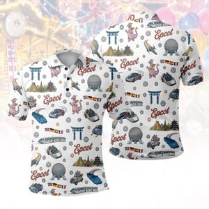 May include: White polo shirt featuring a repeating pattern of various icons, including a dragon, a futuristic car, a globe, and the text "Epcot" in a stylized font. The shirt has a collared neckline and button closure.