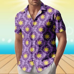May include: A short-sleeved shirt with a purple backdrop, featuring a repeating pattern of yellow suns and floral motifs. The shirt is made of a lightweight material and has a classic collar.