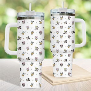 Mickey Minnie Faces Tumbler with Handle, Disney Characters Coffee Cup, Cute Minimal Cartoon Drinkware, Disney Summer Gift