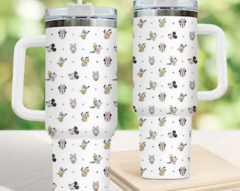 Mickey Minnie Faces Tumbler with Handle, Disney Characters Coffee Cup, Cute Minimal Cartoon Drinkware, Disney Summer Gift