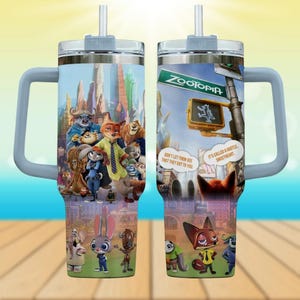 Zootopia Tumbler 40oz, Disney Movie Cup with Handle, Judy Hopps Nick Wilde Gift, Cute Animal Cup, Movie Lover Mug