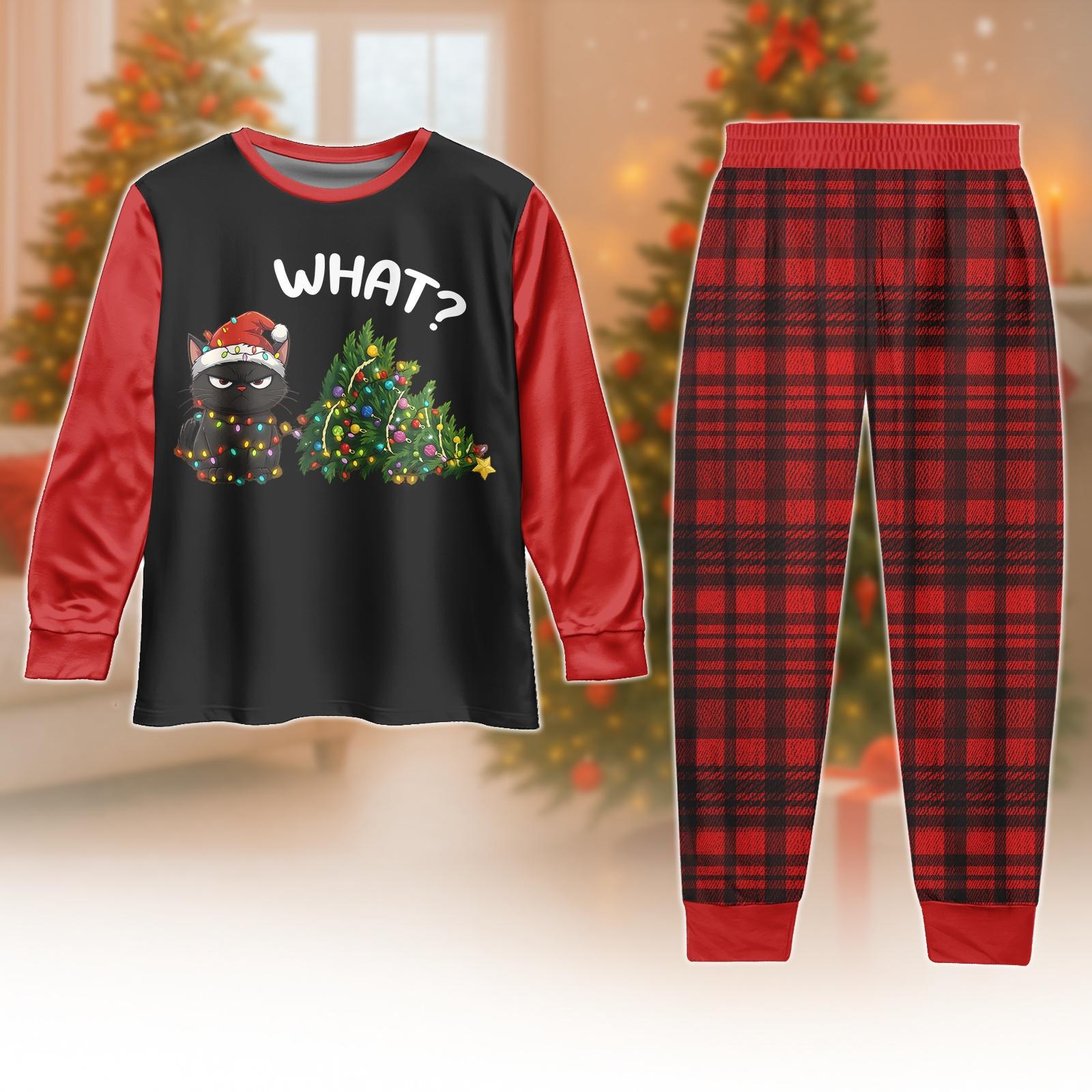 Discover Funny Black Cat Christmas Pajama Set with Red Plaid Pants, Holiday Meme Sleepwear for Men and Women