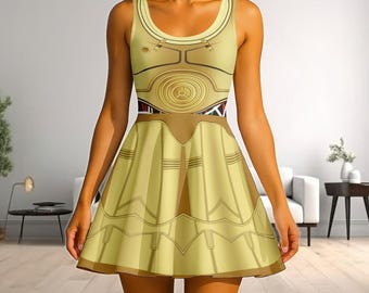 C3PO Skater Dress, Star Wars Costume Dress for Women, Droid Cosplay Outfit, Halloween Party Dress, Galaxy Women Dress, Gift For Her