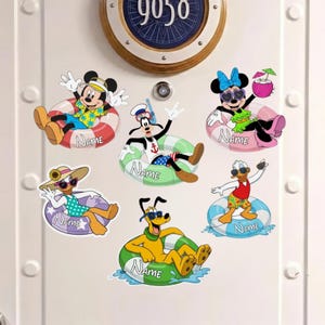 May include: A collection of cartoon character stickers, including Mickey Mouse, Minnie Mouse, Goofy, Donald Duck, Pluto, and Daisy Duck, each relaxing in a colorful inflatable ring. The stickers are on a white background. Each ring has the word "NAME" on it.