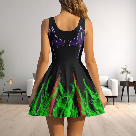 maleficent skater dress Maleficent Skater Dress, Villain Costume Dress, Halloween Fire Flame  Cosplay, Disney Villain Women Skater Dress, Halloween Women gift