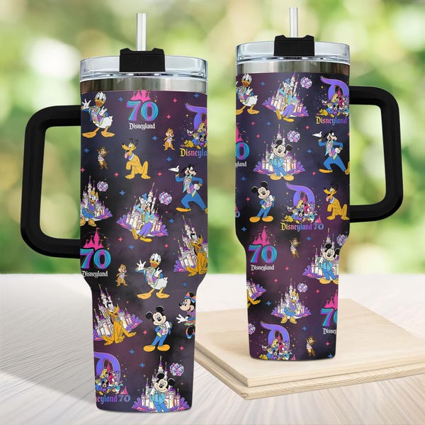 Disneyland 70th Anniversary Tumbler, donkere themabeker met handvat, 40oz Tumbler geïnspireerd cadeau voor Disney-liefhebbers