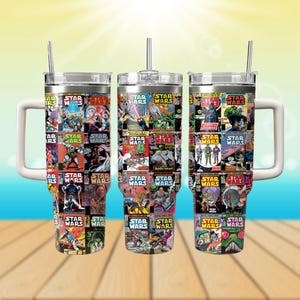 Kubek Star Wars Comic Book Collage 40oz z uchwytem, prezent dla mężczyzn z postaciami z Gwiezdnych Wojen, kubek dla fanów komiksów
