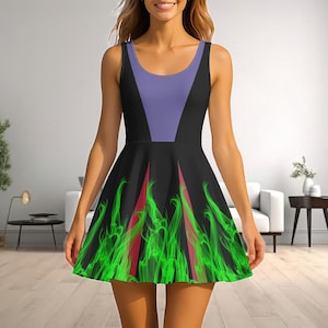 black dress with blue flames Cartoon-style black asymmetrical dress with blue flames rising from the  skirt, set against a light pink background. on Craiyon