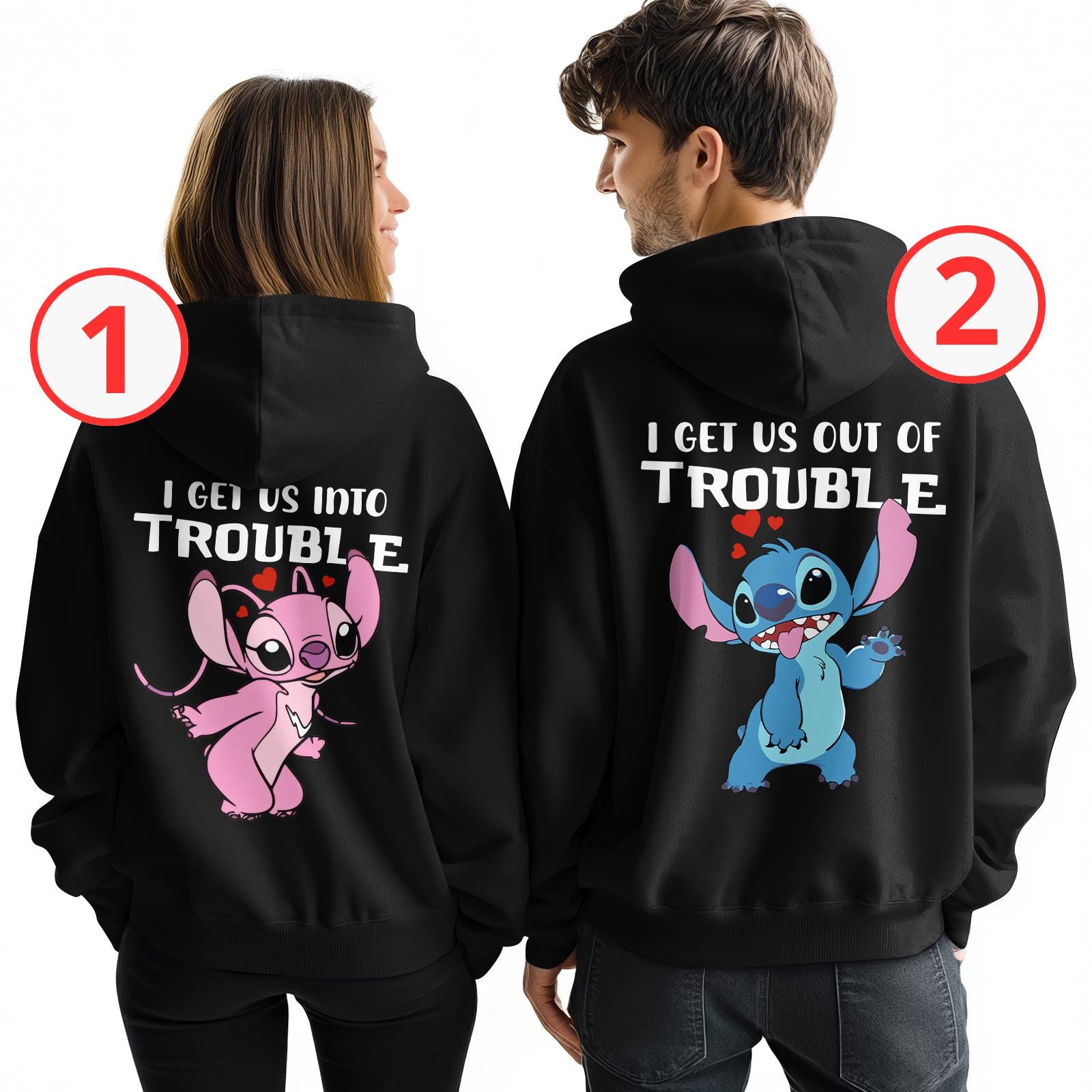 Disney Stitch Angel Couple Hoodie, I Get Us Into Trouble Shirt, I Get Us Out Of Trouble Sweatshirt, Stitch Angel Valentines Shirt