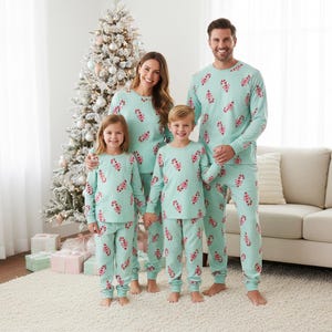 Candy Cane Family Christmas Pajamas, Cute Candy Matching Holiday PJs, Cute Bow Holiday Kids Mom Dad Set, Christmas Matching Pjs Gift