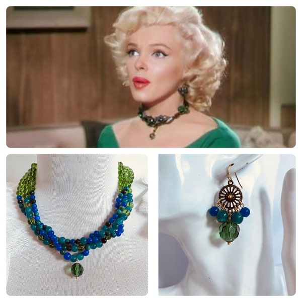 Ensemble collier et boucles d'oreilles vert émeraude et bleu inspirés de Marilyn Monroe