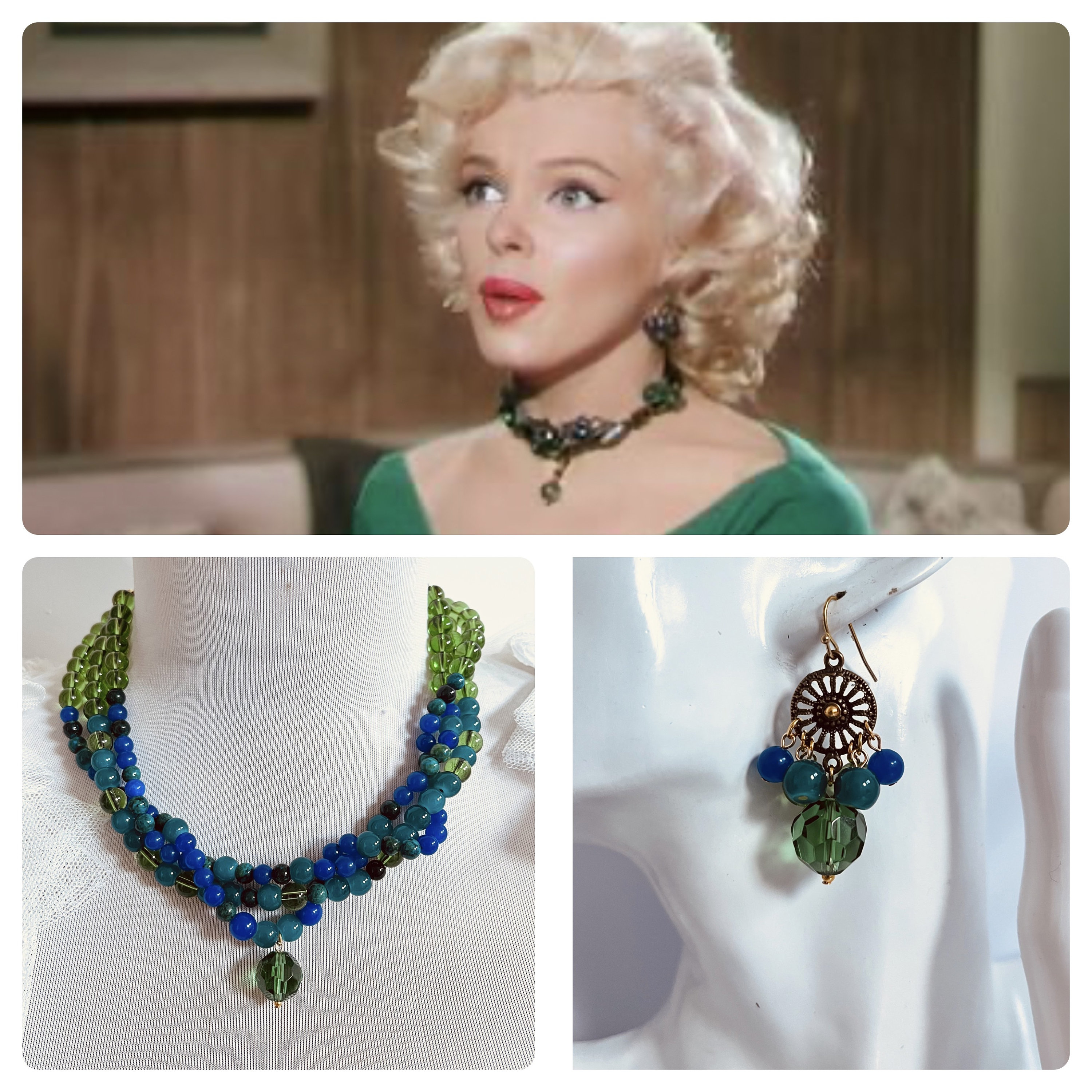 Marilyn Monroe Inspired Emerald Green and Blue Necklace and