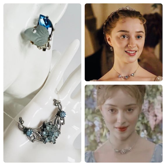 Daphne Bridgerton Inspired Blue Jewelled Sterling Silver Necklace and Clip on Earrings Etsy