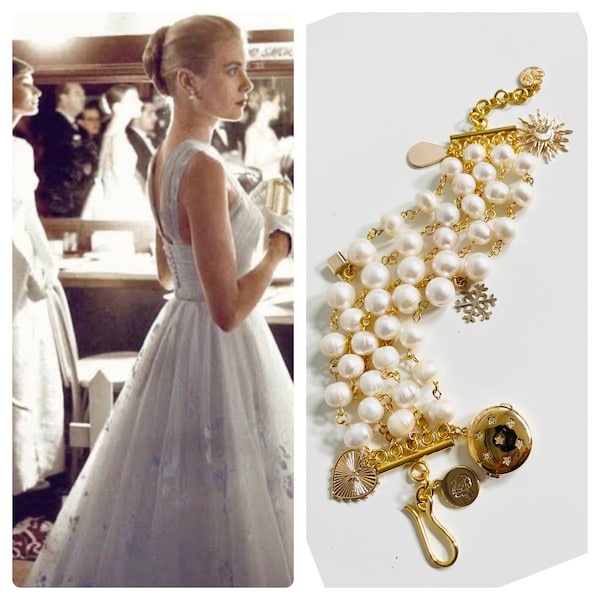 Grace Kelly inspired bracelet in white pearl and 18k gold locket charms