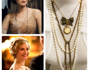 Downton Abbey Flapper style lariat and cameo layer necklaces