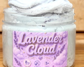 Lavender Cloud- soft, fluffy purple cloud slime scented like calming lavender flowers. Stretchy, drizzly, and super relaxing to play with.